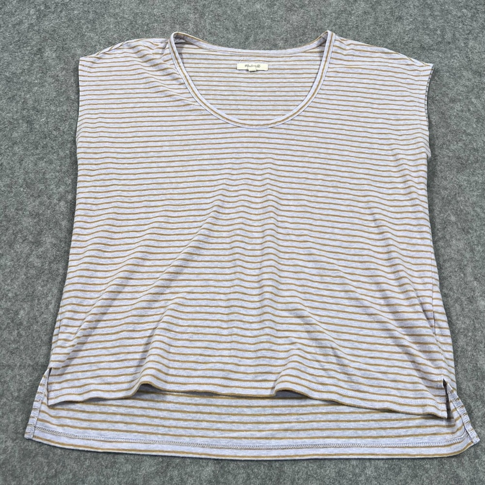 Madewell Antique Cream Striped Linen Blend U-Scoop Neck Tee Women's Size Small‎